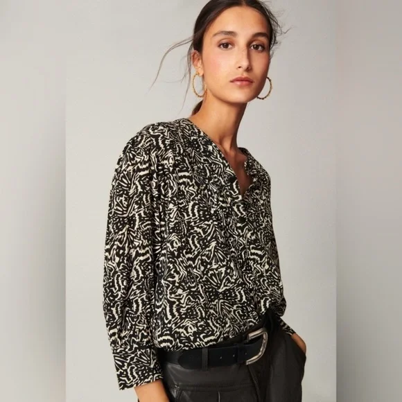 ba&sh Lio Pintucked Shirt Abstract Blouse 100% viscose half sleeves Size 2 - Picture 4 of 16